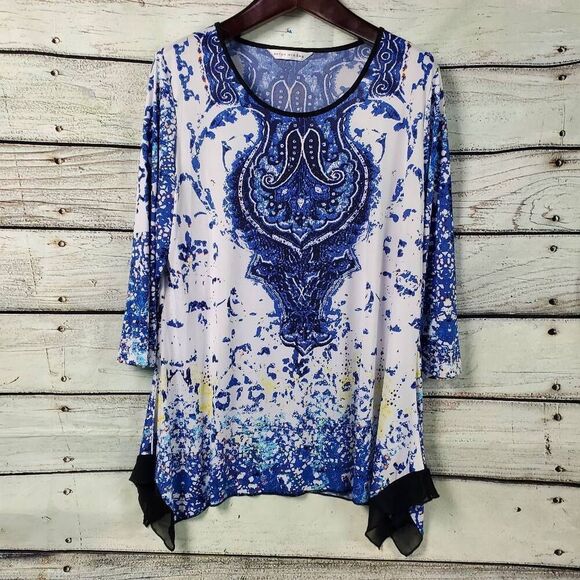 Peter Nygard Women's Tunic Top Size L Blue Abstract Boho Print Hi-Low Hem 3/4 Sl - Picture 1 of 6